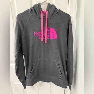 The Northface women’s logo hoodie, pink and gray